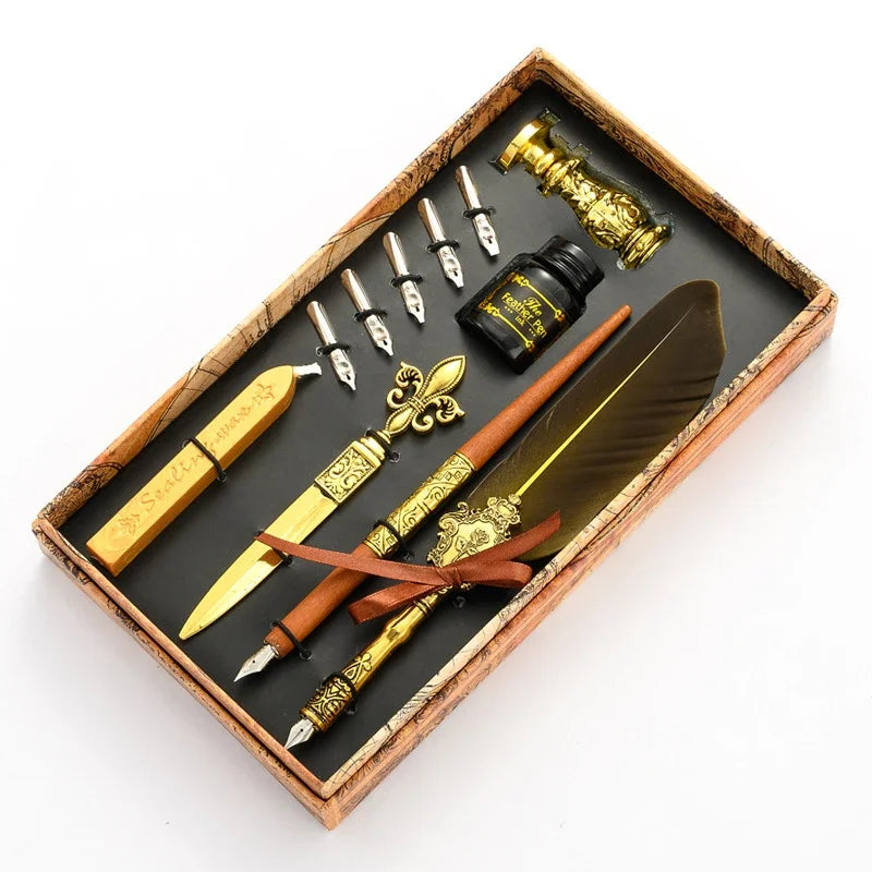Set de Pluma de Caligrafía con Tinta, 5 Plumines Intercambiables y Caja de Almacenamiento – Pluma con Pluma Decorativa y Portaplumas de Inmersión