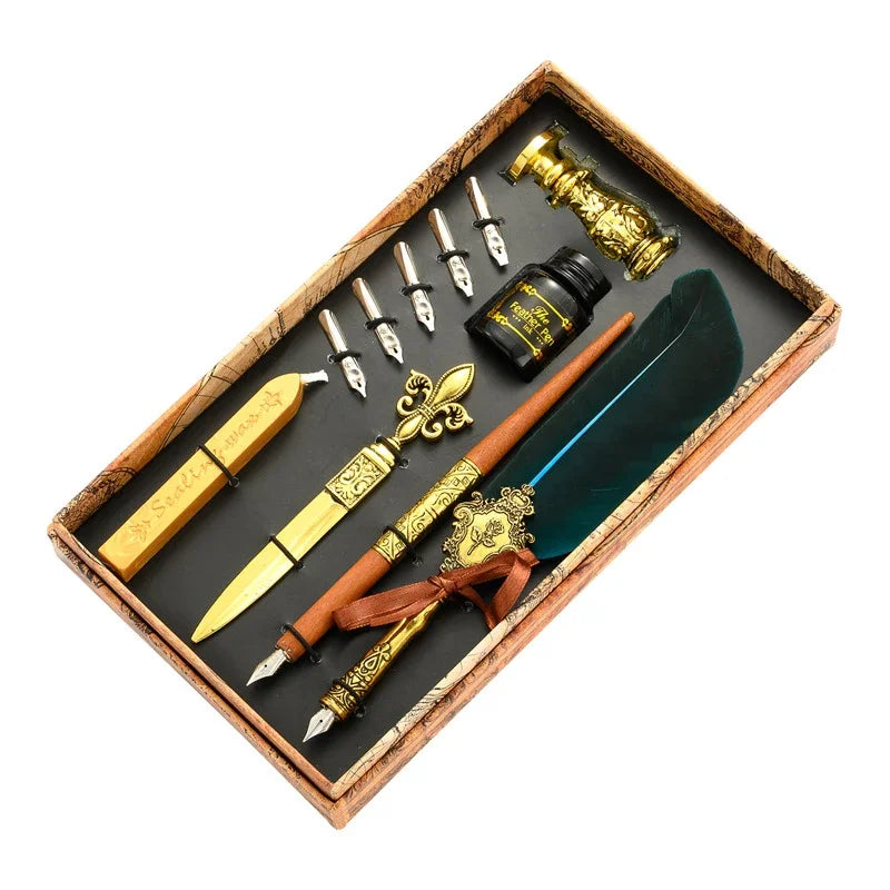 Set de Pluma de Caligrafía con Tinta, 5 Plumines Intercambiables y Caja de Almacenamiento – Pluma con Pluma Decorativa y Portaplumas de Inmersión