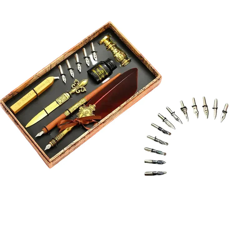 Set de Pluma de Caligrafía con Tinta, 5 Plumines Intercambiables y Caja de Almacenamiento – Pluma con Pluma Decorativa y Portaplumas de Inmersión