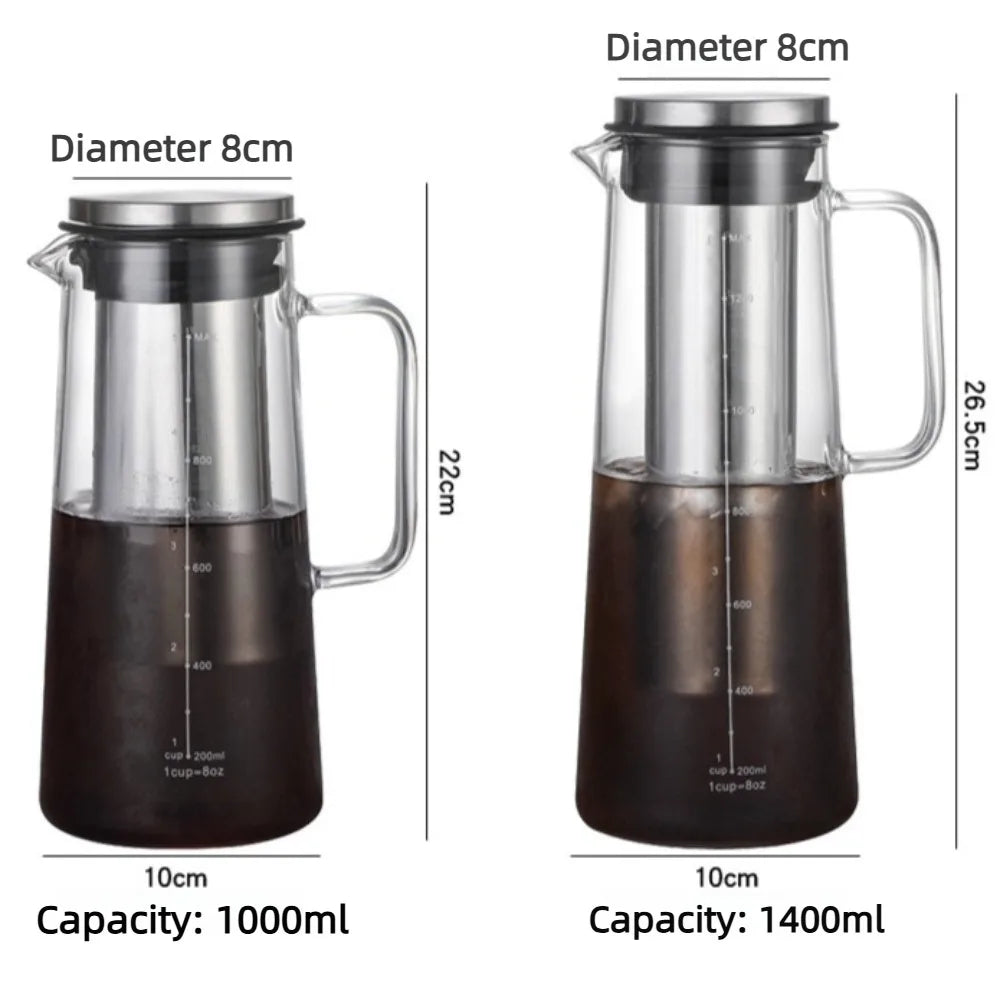Jarra de Café Cold Brew de Vidrio con Filtro de Acero Inoxidable – 1000 ml / 1400 ml para Café Helado, Té e Infusiones