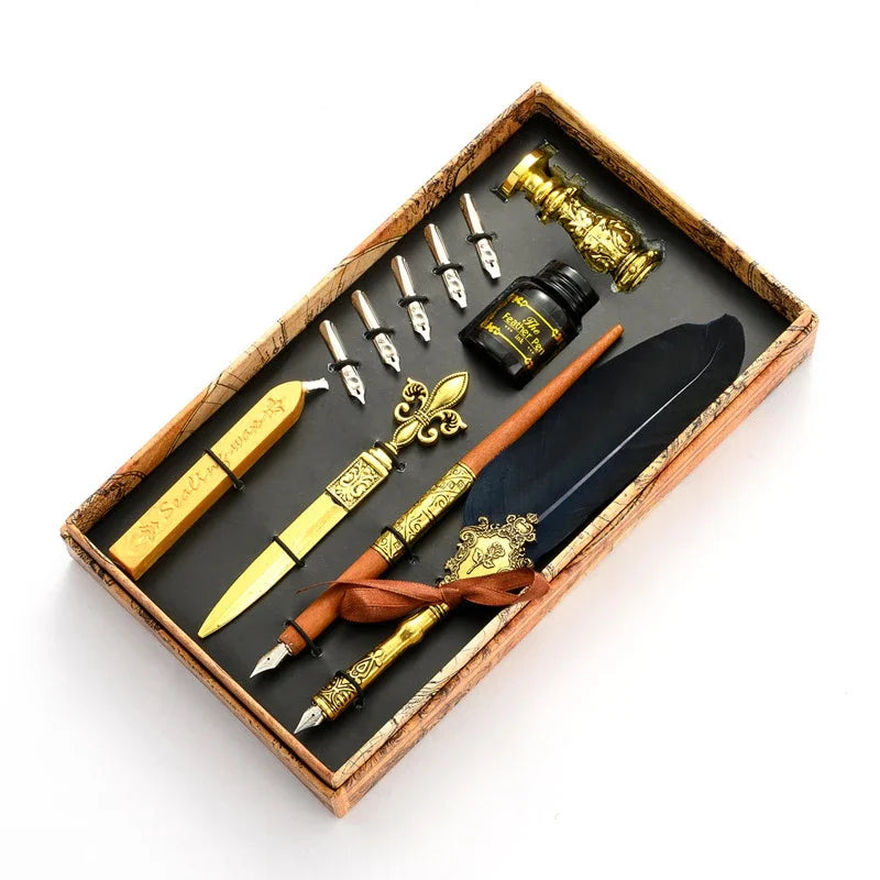 Set de Pluma de Caligrafía con Tinta, 5 Plumines Intercambiables y Caja de Almacenamiento – Pluma con Pluma Decorativa y Portaplumas de Inmersión
