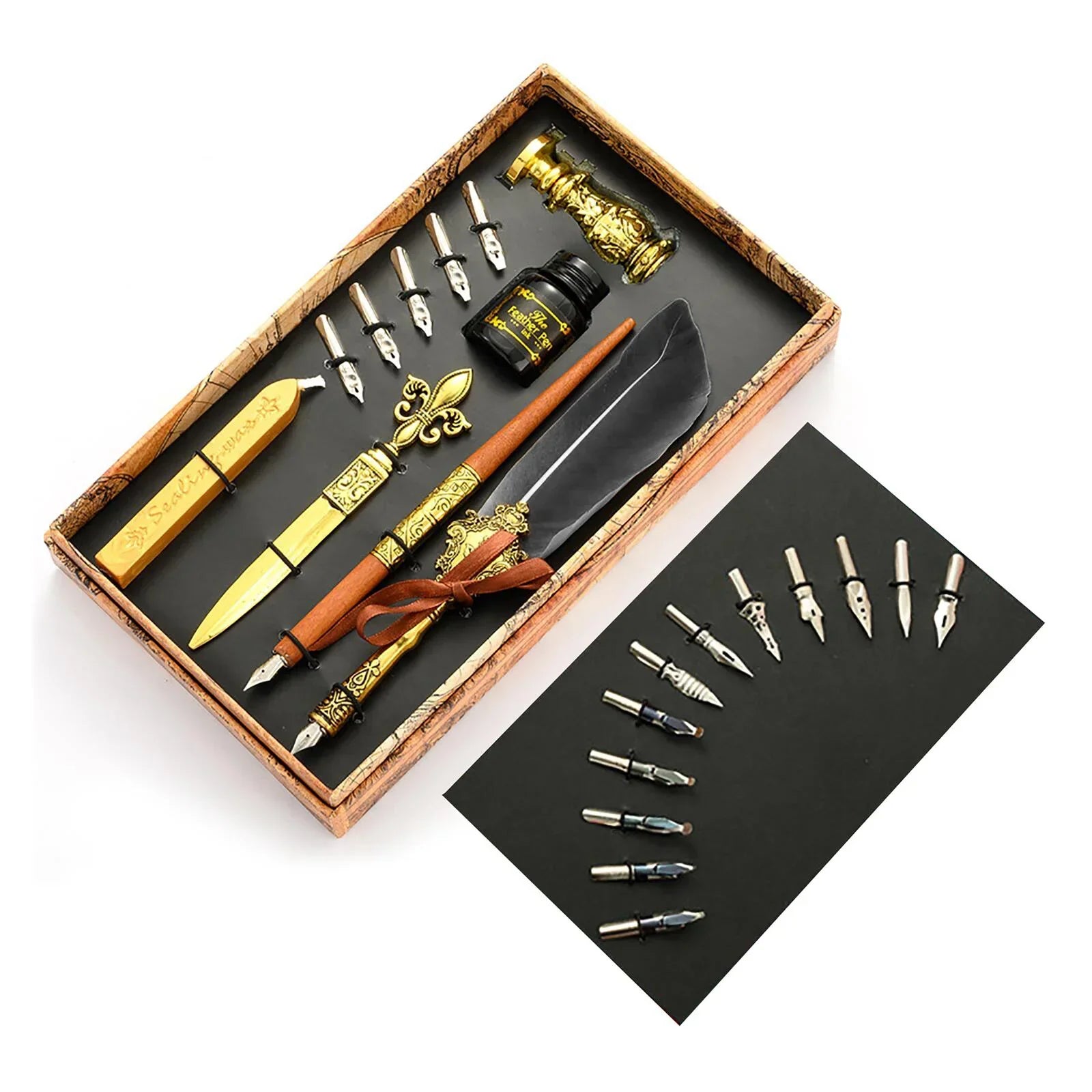 Set de Pluma de Caligrafía con Tinta, 5 Plumines Intercambiables y Caja de Almacenamiento – Pluma con Pluma Decorativa y Portaplumas de Inmersión