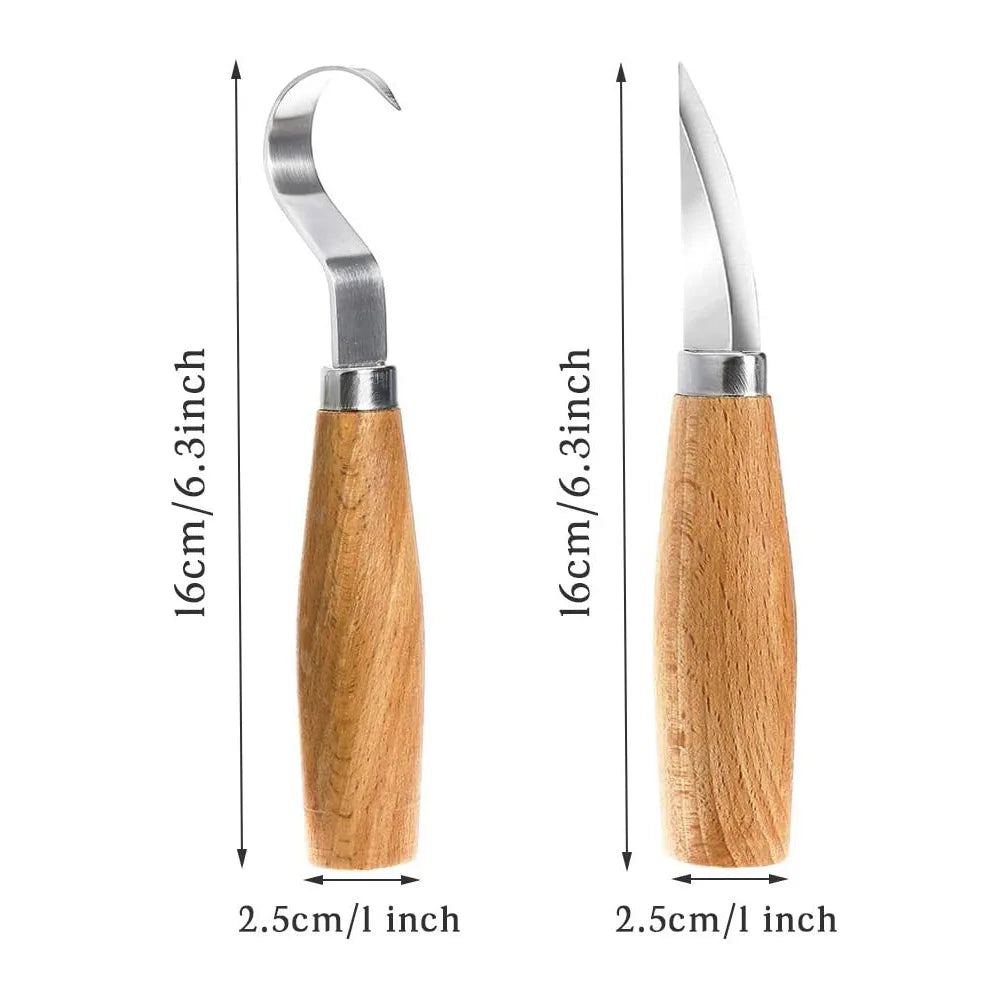 Set de Cuchillos para Tallado en Madera de Acero Inoxidable con Mangos de Haya – Cuchillo de Gancho y Cuchillo Recto para Talla de Precisión